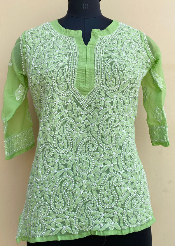 Lucknowi Chikankari Short Kurti Parrot Green Georgette