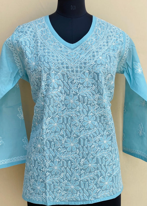 Lucknowi Chikankari Short Kurti Blue Cotton