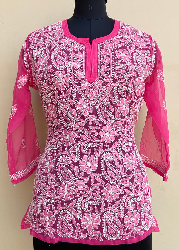 Lucknowi Chikankari Short Kurti  Pink Georgette