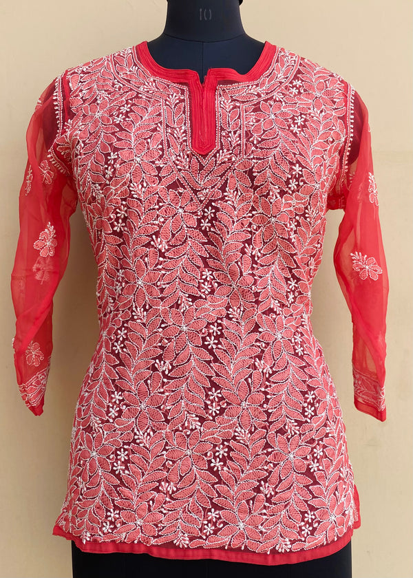 Lucknowi Chikankari Short Kurti Red Georgette