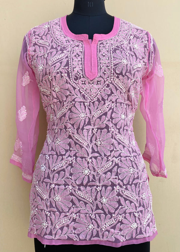 Lucknowi Chikankari Short Kurti Pink Georgette