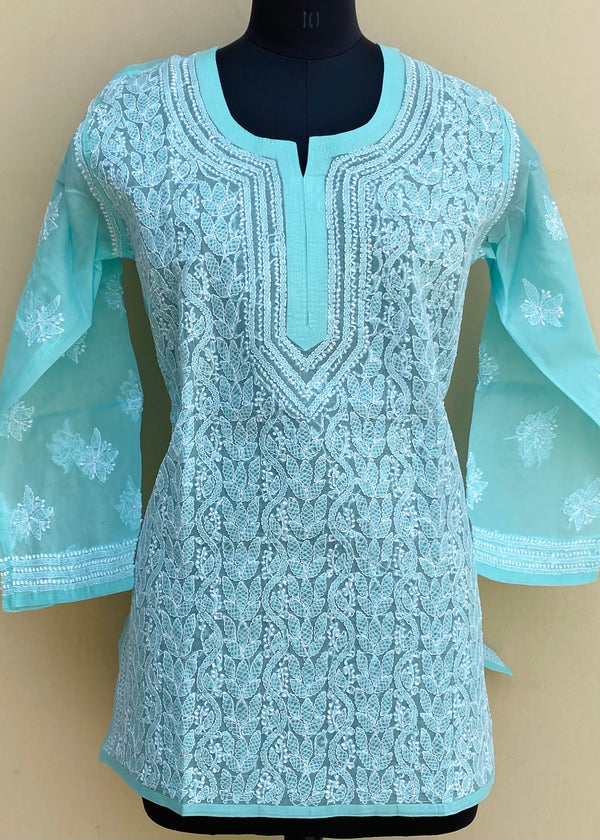 Lucknowi Chikankari Short Kurti Sea Green Cotton