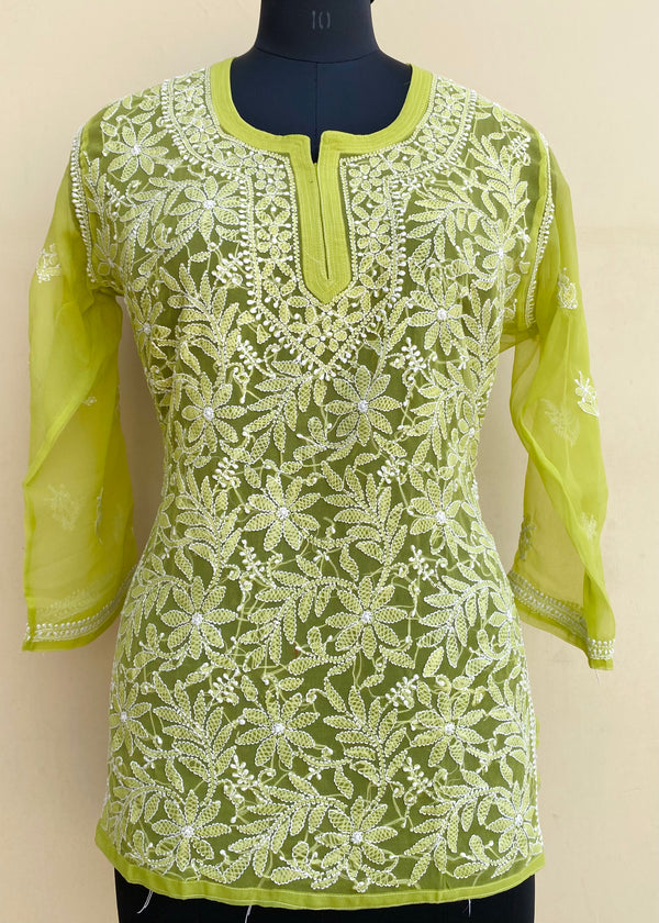 Lucknowi Chikankari Short Kurti  Green Georgette