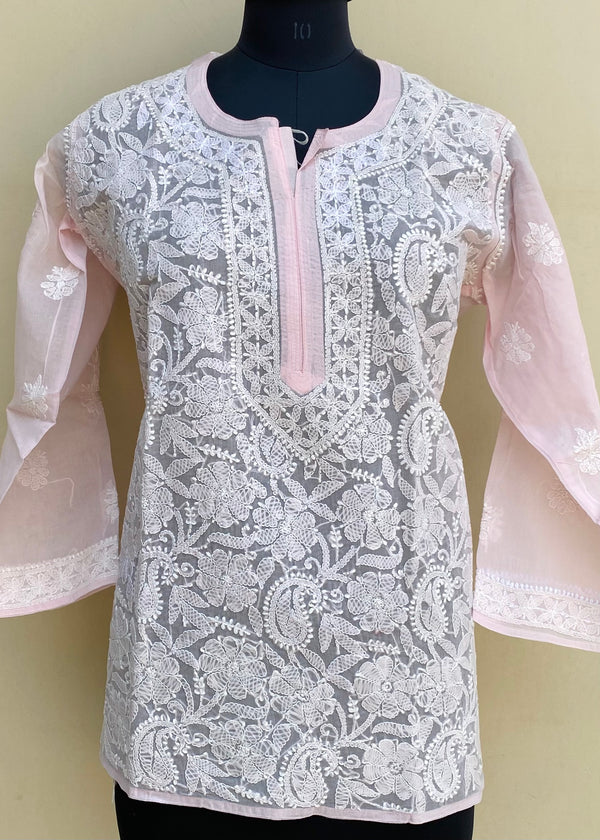 Lucknowi Chikankari Short Kurti Baby Pink Cotton