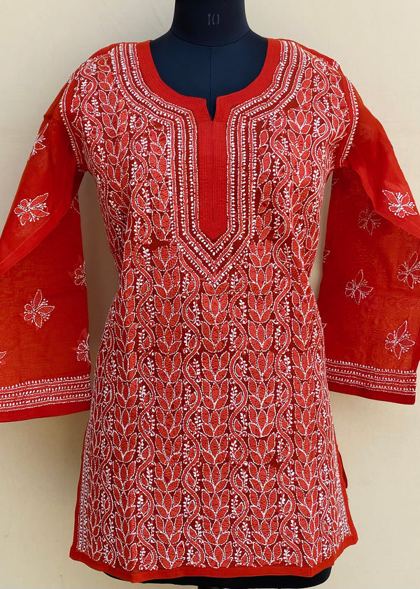 Lucknowi Chikankari Short Kurti Red Cotton