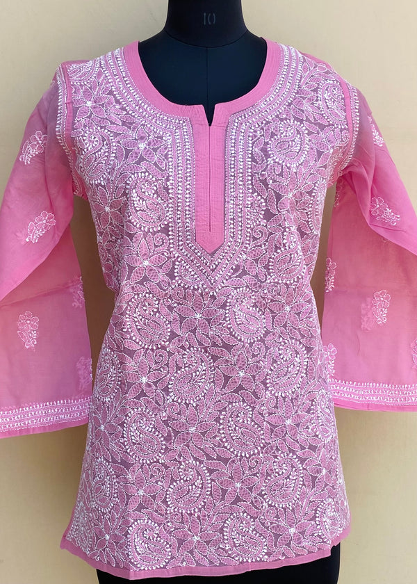 Lucknowi Chikankari Short Kurti Pink Cotton