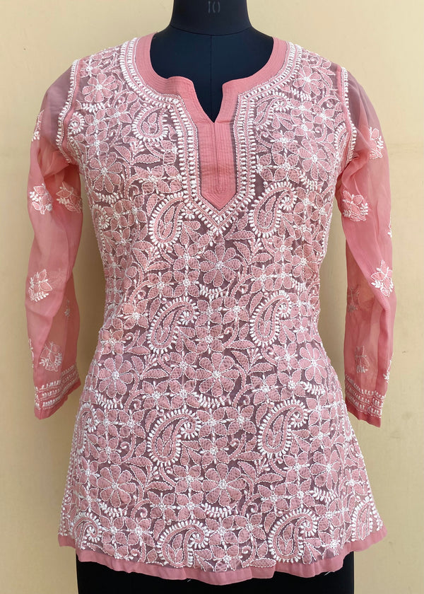 Lucknowi Chikankari Short Kurti Dusty Pink Georgette