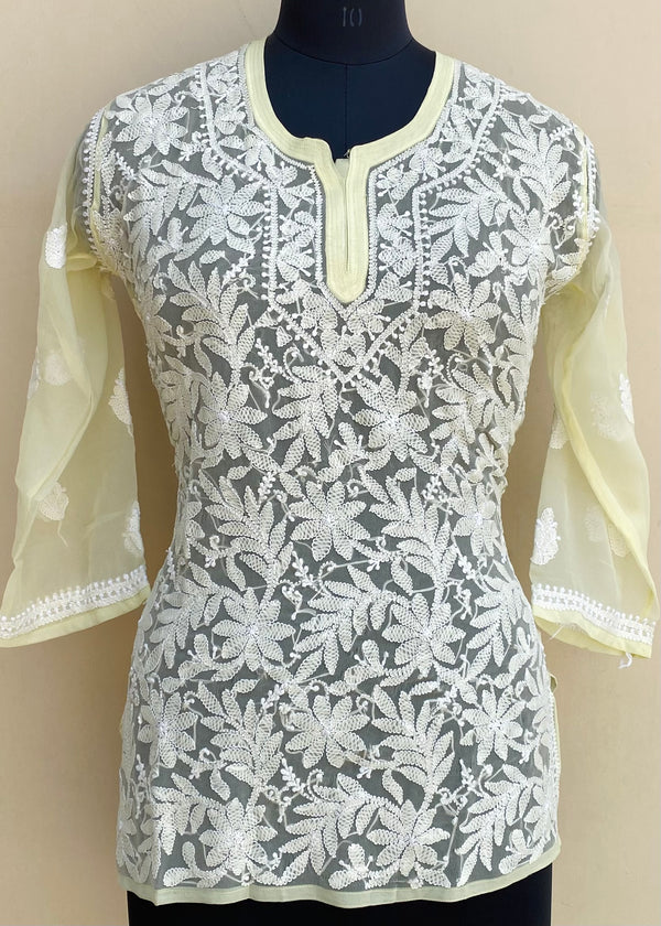 Lucknowi Chikankari Short Kurti Lemon Yellow Georgette