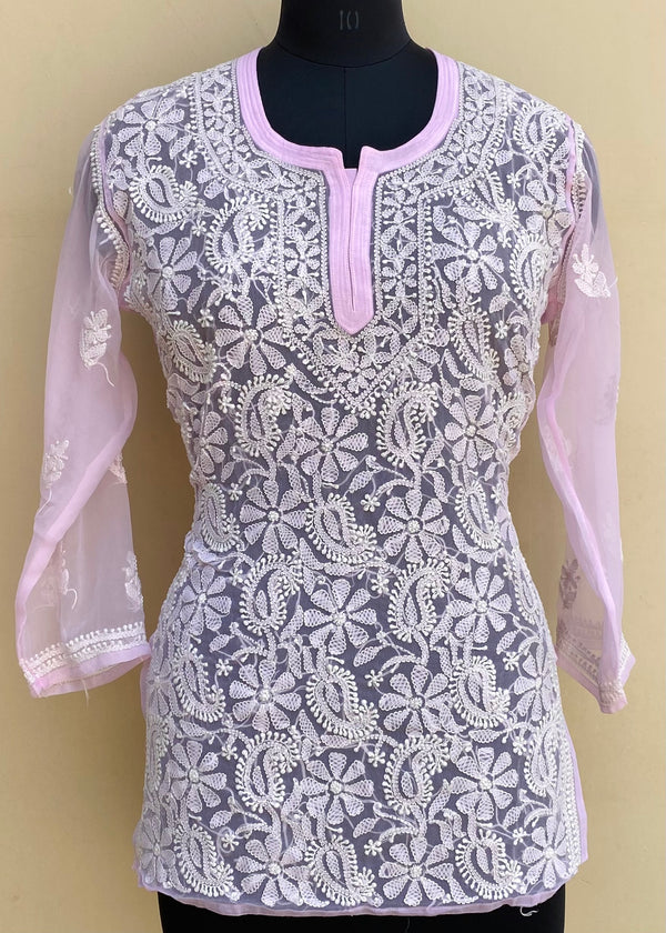 Lucknowi Chikankari Short Kurti Pink Georgette