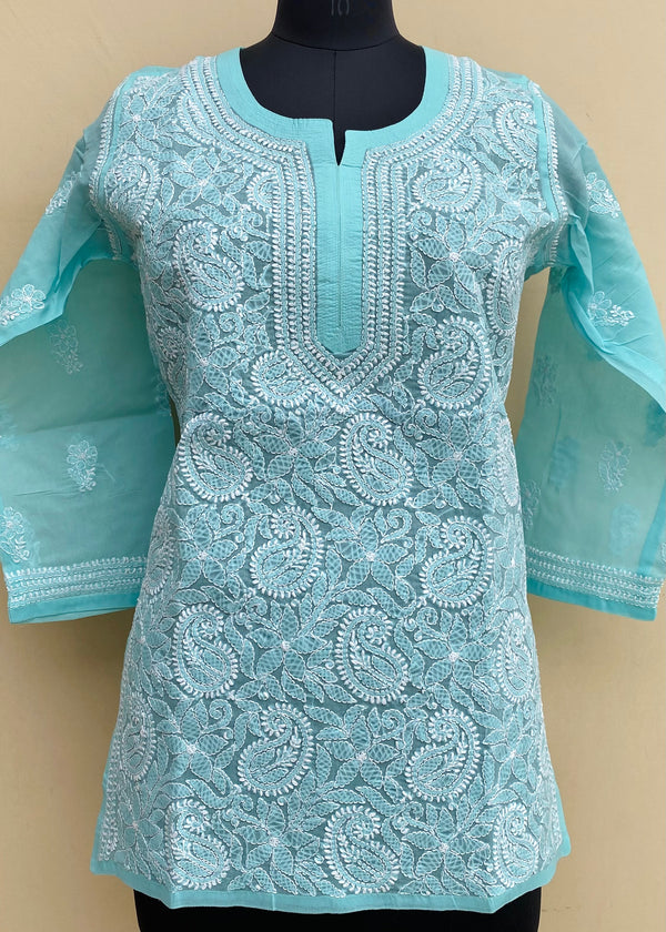 Lucknowi Chikankari Short Kurti Sea Green Cotton