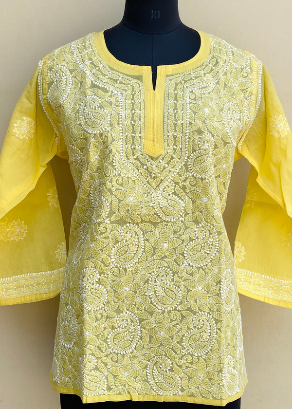 Lucknowi Chikankari Short Kurti Yellow Cotton