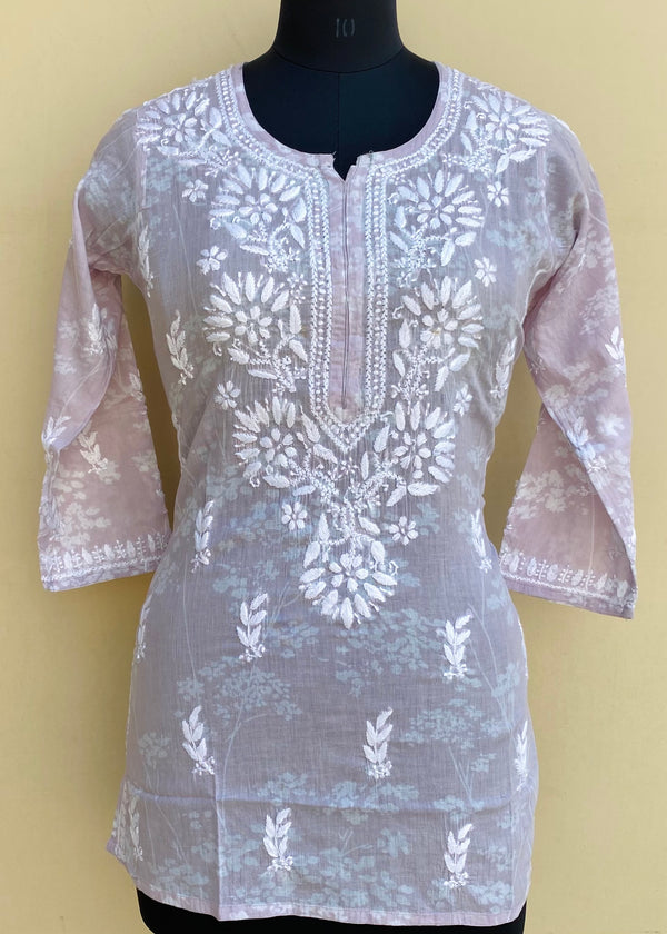 Lucknowi Chikankari Printed Short Kurti Purple Mulmul Cotton