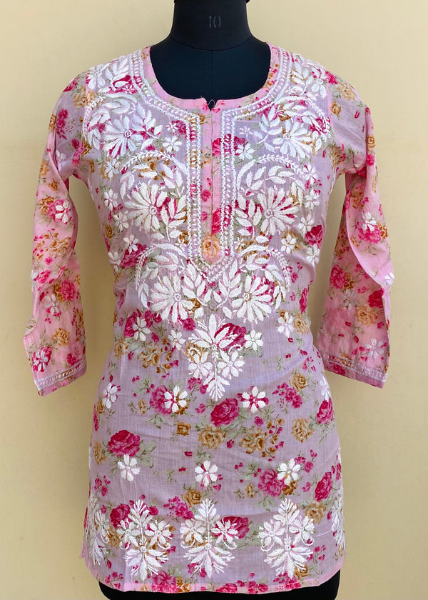 Lucknowi Chikankari Printed Kurti Pink Mulmul Cotton