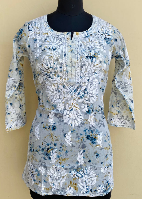 Lucknowi Chikankari Printed Short Kurti Powder Blue Mulmul Cotton