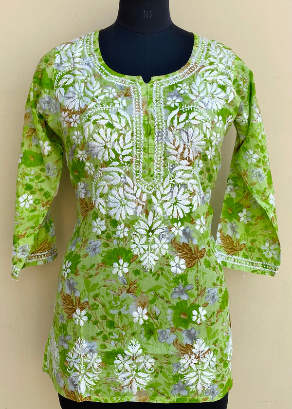 Lucknowi Chikankari Printed Short Kurti Parrot Green Mulmul Cotton