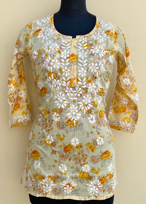 Lucknowi Chikankari Printed Short Kurti Yellow Mulmul Cotton