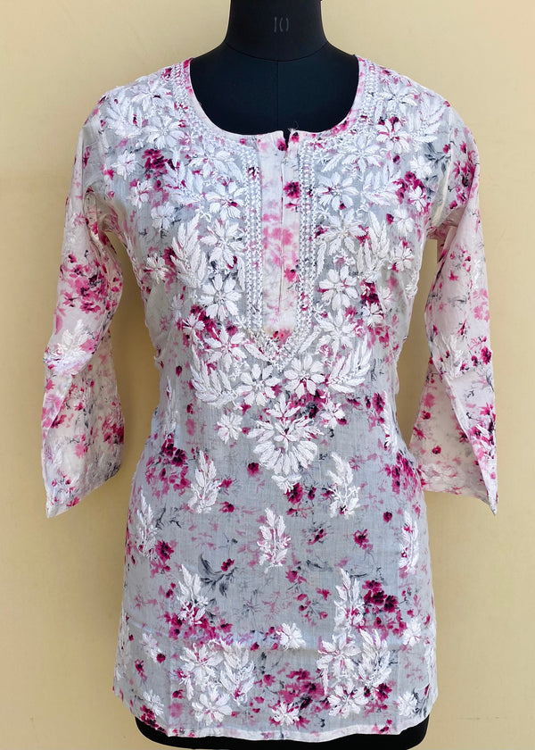 Lucknowi Chikankari Printed Short Kurti Pink Mulmul Cotton