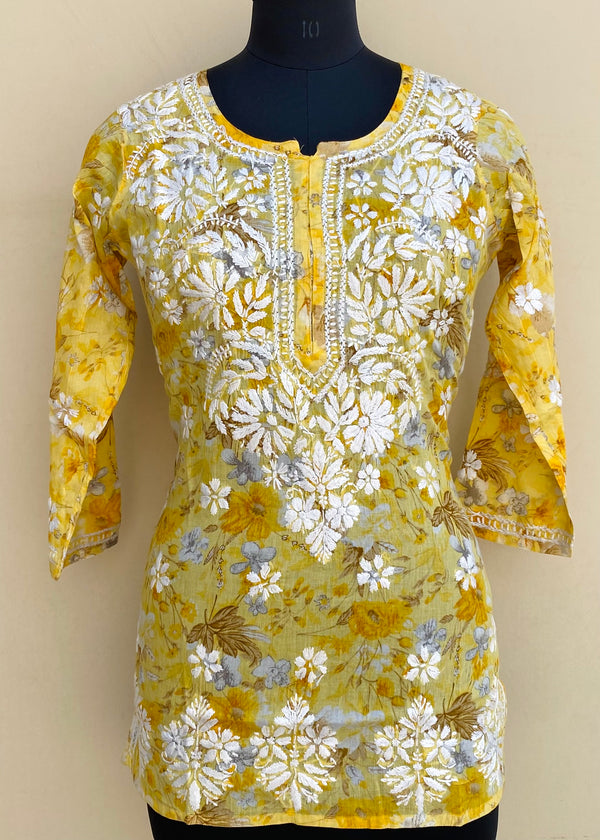 Lucknowi Chikankari Printed Short Kurti Yellow Mulmul Cotton