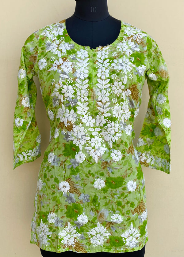 Lucknowi Chikankari Printed Short Kurti Parrot Green Mulmul Cotton