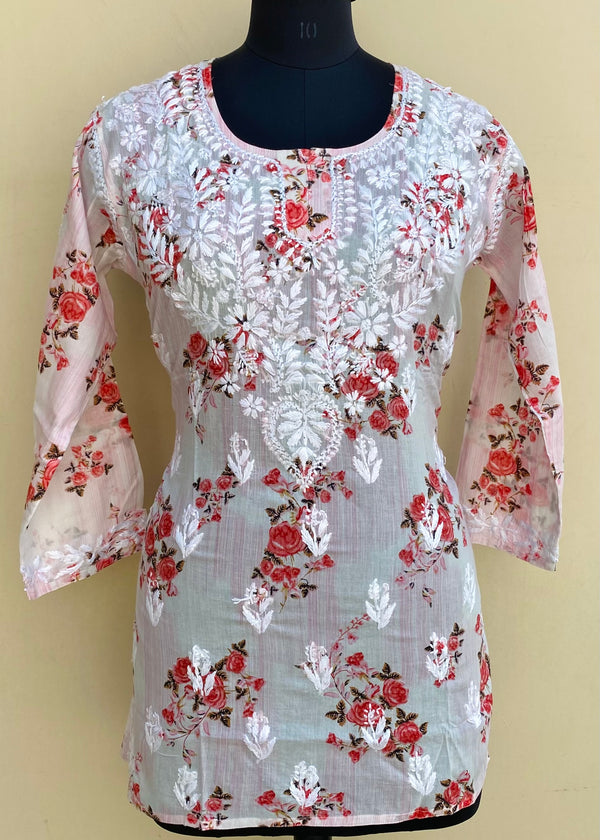 Lucknowi Chikankari Printed Short Kurti Pink Mulmul Cotton