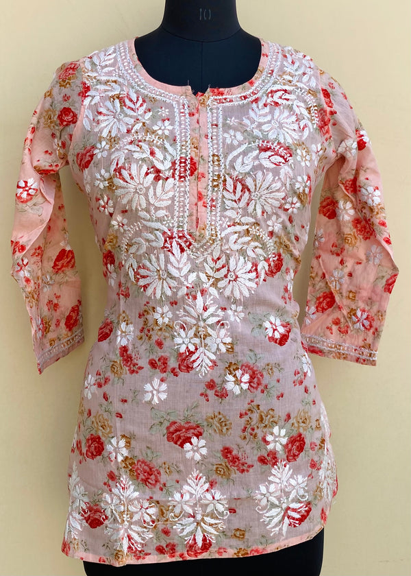 Lucknowi Chikankari Printed Kurti Pink Mulmul Cotton