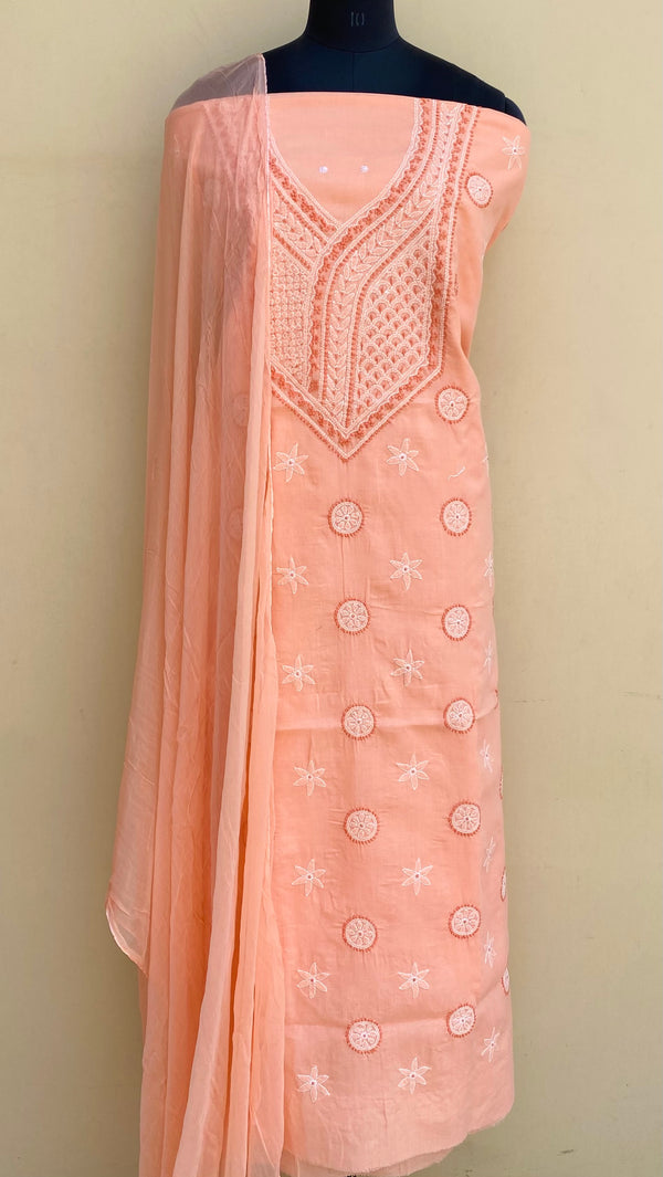 Lucknowi Chikankari Suit Length 3 Piece Peach Cotton