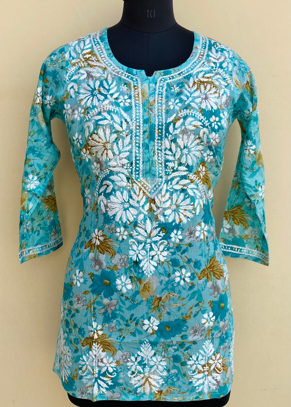 Lucknowi Chikankari Printed Short Kurti Sea Green Mulmul Cotton