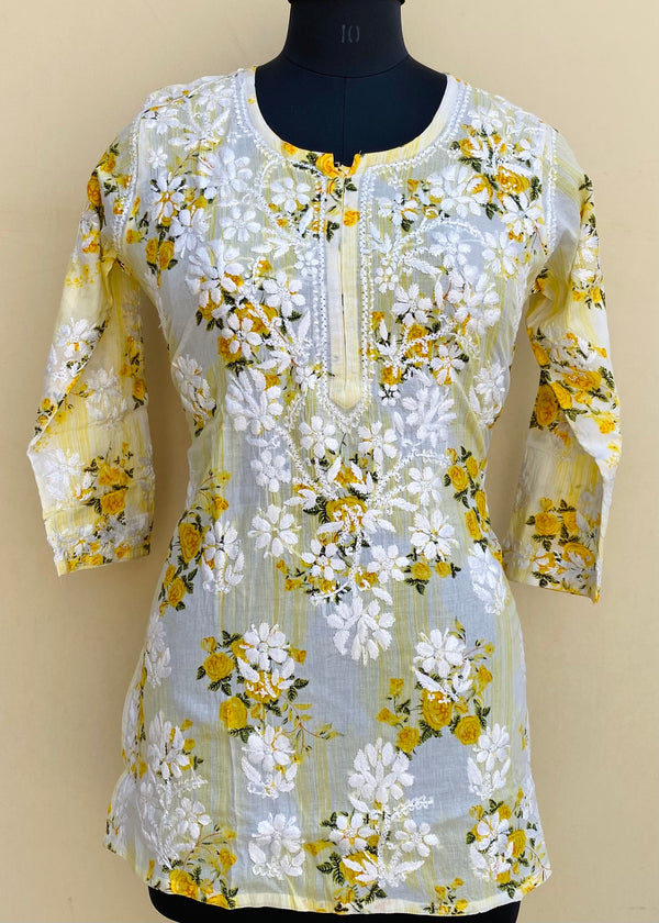 Lucknowi Chikankari Printed Kurti Yellow Mulmul Cotton