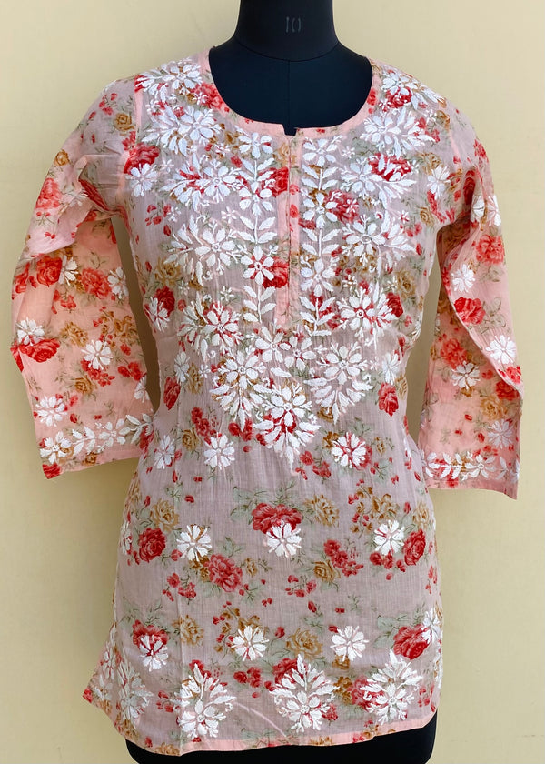 Lucknowi Chikankari Printed Short Kurti Pink Mulmul Cotton