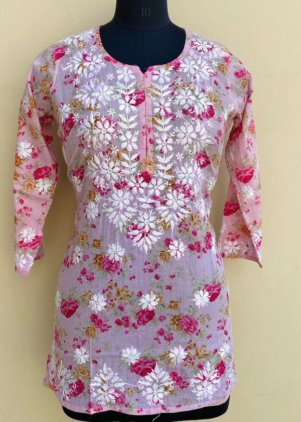 Lucknowi Chikankari Printed Short Kurti Pink Mulmul Cotton