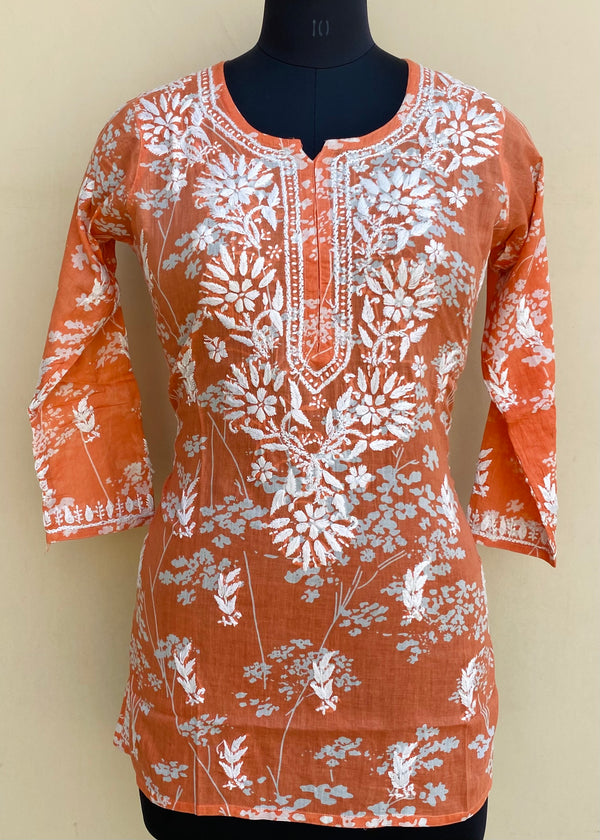 Lucknowi Chikankari Printed Short Kurti Orange Mulmul Cotton