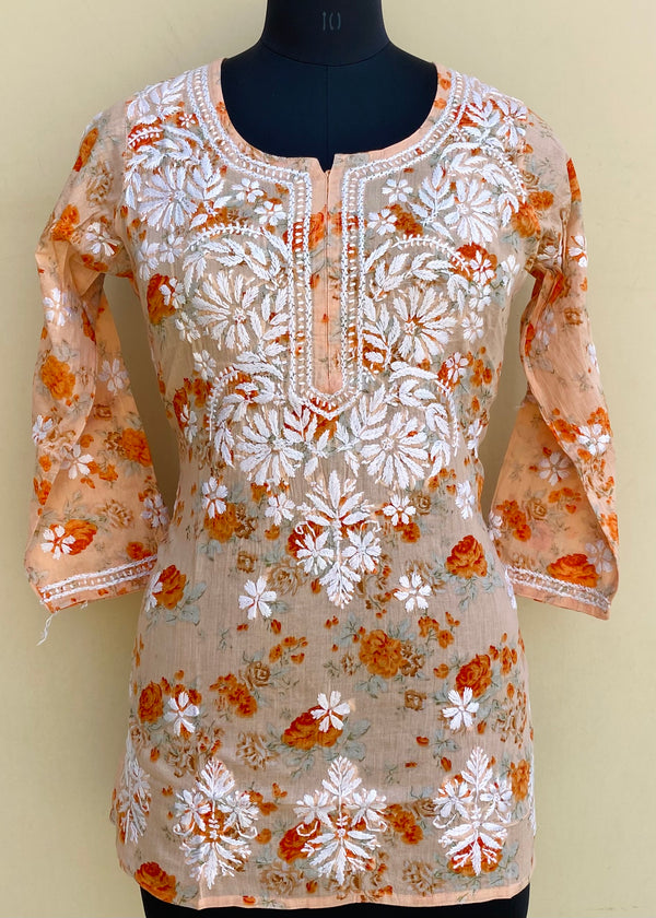 Lucknowi Chikankari Printed Short Kurti Peach Mulmul Cotton