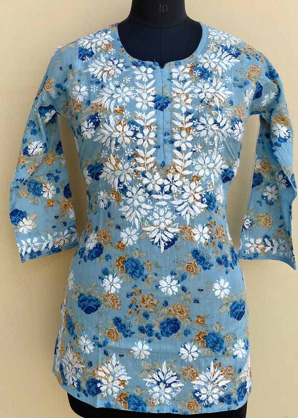 Lucknowi Chikankari Printed Short Kurti Blue Mulmul Cotton