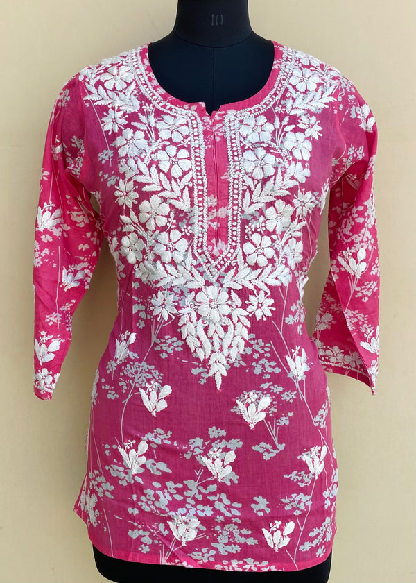 Lucknowi Chikankari Printed Short Kurti Pink Mulmul Cotton