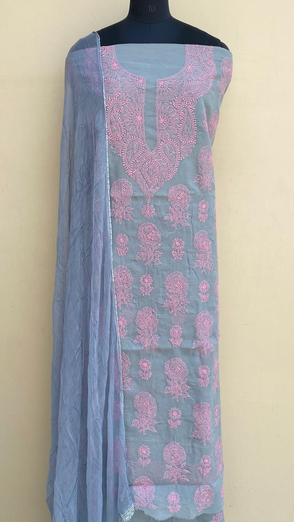 Lucknowi Chikankari Suit Length 3 Piece Gray Cotton