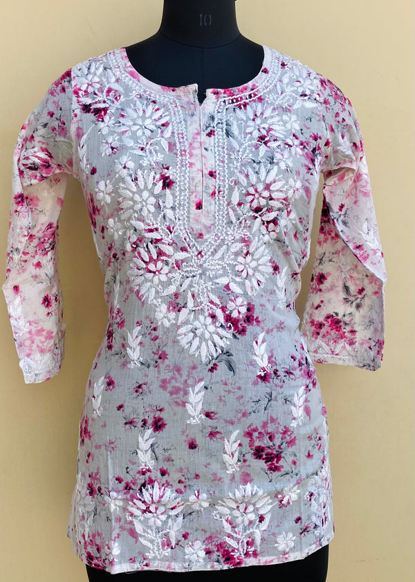 Lucknowi Chikankari Printed Short Kurti Pink Mulmul Cotton