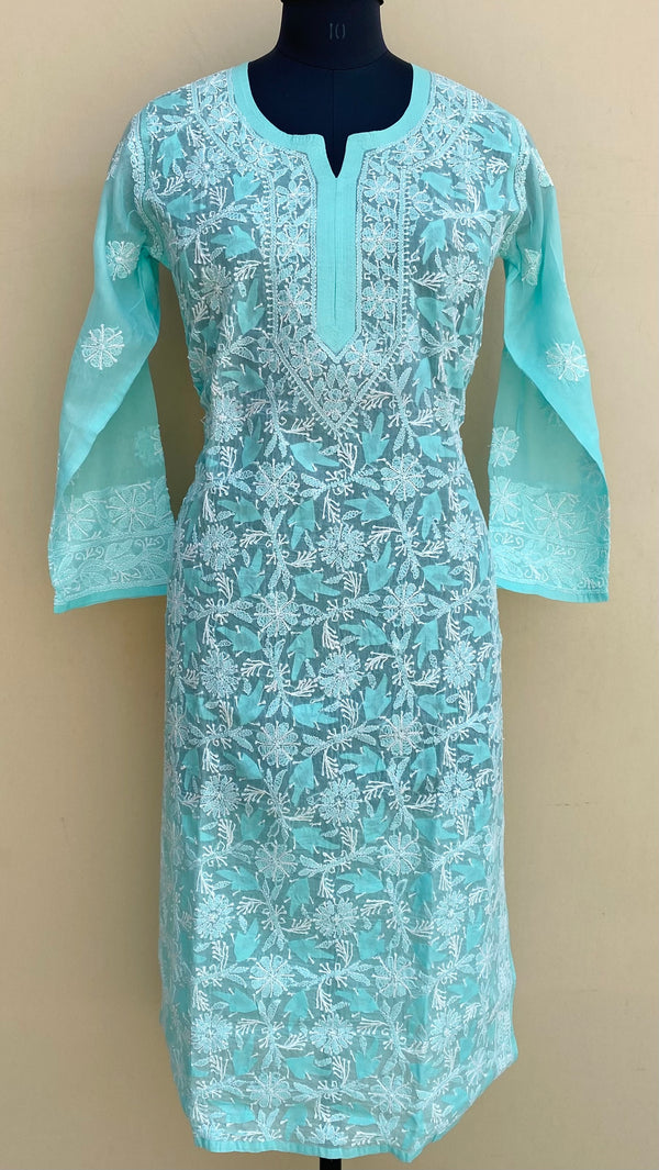 Lucknowi Chikankari Kurti Sea Green Cotton With Applique Work