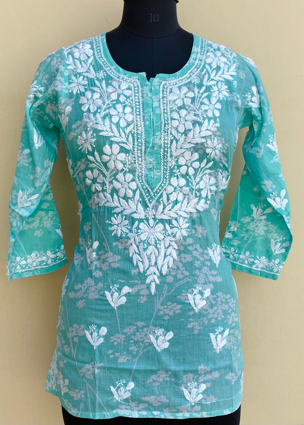 Lucknowi Chikankari Printed Short Kurti Sea Green Mulmul Cotton