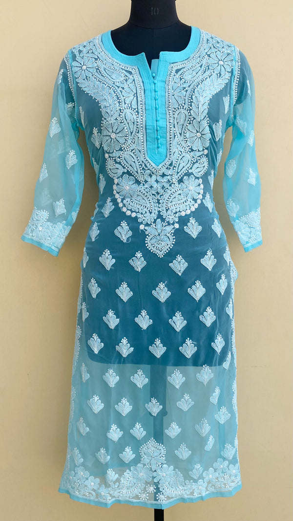 Lucknowi Chikankari Kurti Blue Georgette