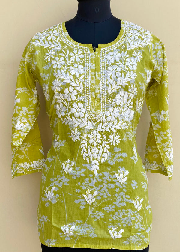 Lucknowi Chikankari Printed Short Kurti Mehandi Green Mulmul Cotton