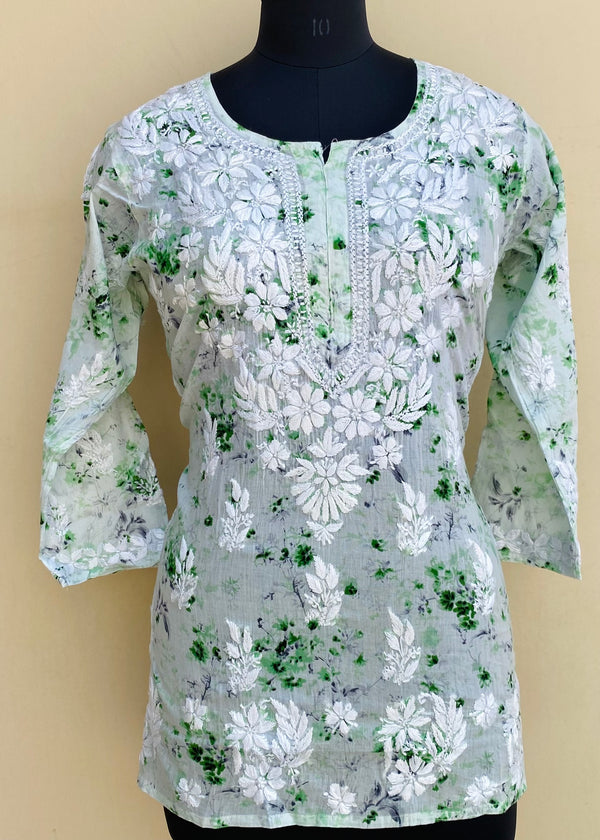 Lucknowi Chikankari Printed Short Kurti Green Mulmul Cotton