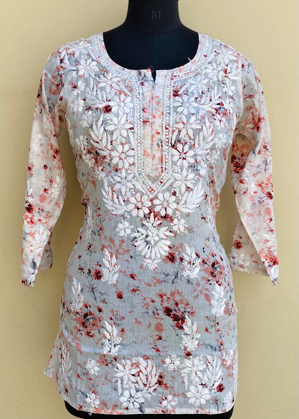 Lucknowi Chikankari Printed Short Kurti White Mulmul Cotton