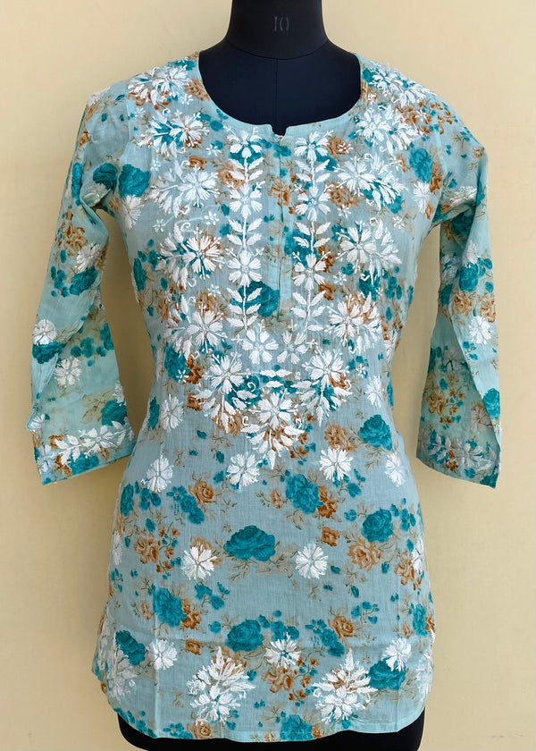 Lucknowi Chikankari Printed Short Kurti Sea Green Mulmul Cotton