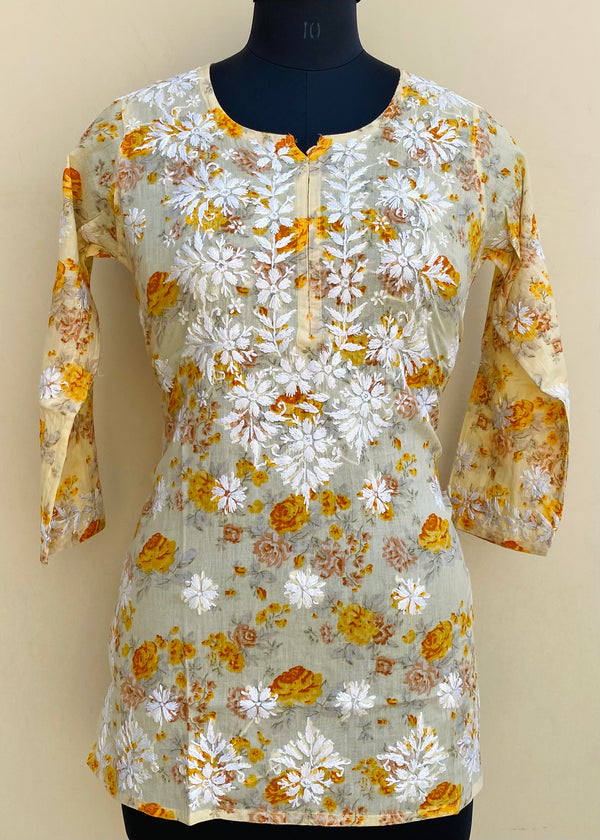 Lucknowi Chikankari Printed Short Kurti Yellow Mulmul Cotton