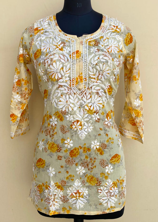 Lucknowi Chikankari Printed Short Kurti Yellow Mulmul Cotton