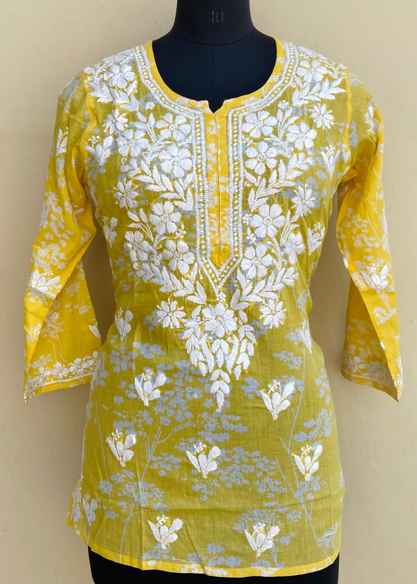 Lucknowi Chikankari Printed Short Kurti Yellow Mulmul Cotton