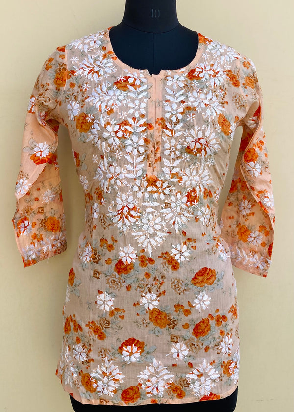 Lucknowi Chikankari Printed Short Kurti Orange Mulmul Cotton