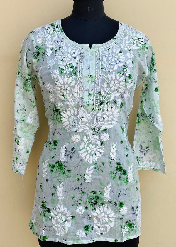 Lucknowi Chikankari Printed Short Kurti Green Mulmul Cotton