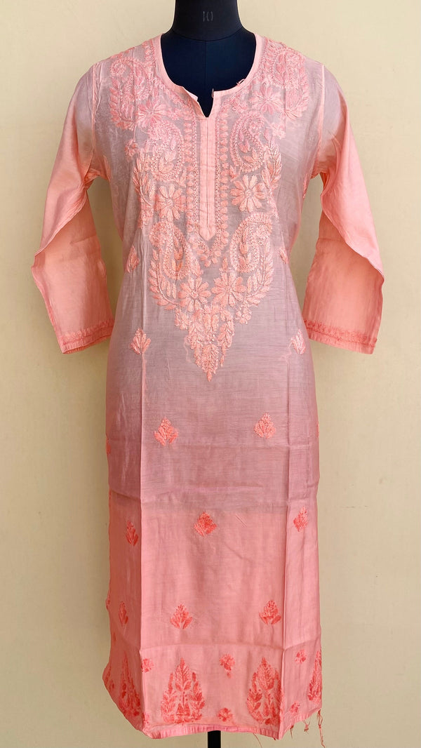 Lucknowi Chikankari Self Kurti Peach Mal Chanderi With 3D Work