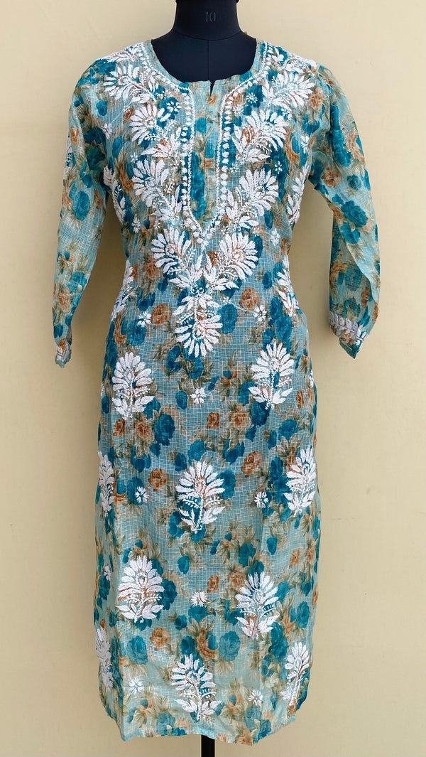 Lucknowi Chikankari Printed Kurti  Sea Green Kota